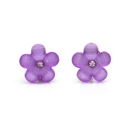 Lilac purple flower with rhinestone and crystal effect clip-on earrings