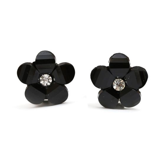 Black flower with rhinestone clip-on earrings