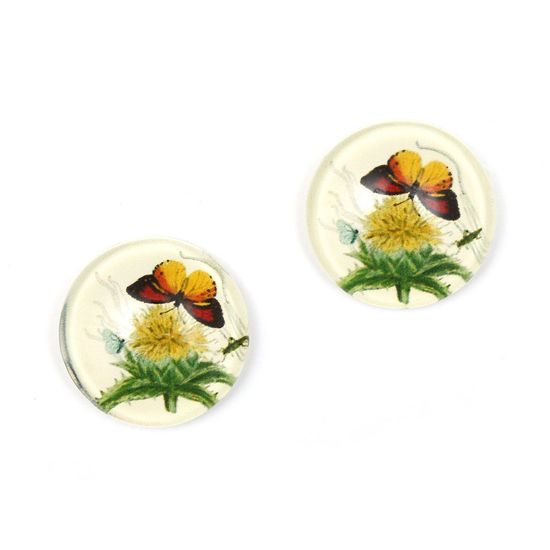 Butterfly and flower printed glass flat round clip-on earrings