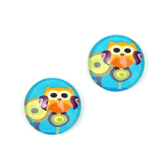 Blue and orange owl printed glass round clip-on earrings