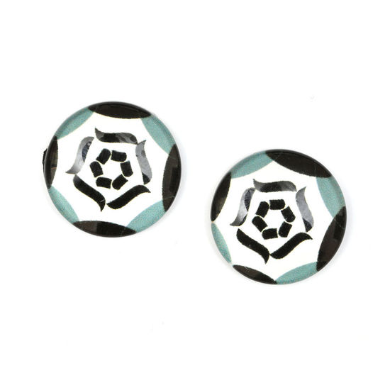 White and black geometric flower printed glass round clip-on earrings