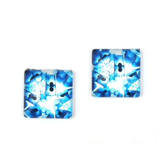 White and blue tube geometric pattern printed glass square shape clip-on earrings