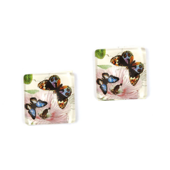 Butterflies and flower printed glass square shape clip-on earrings
