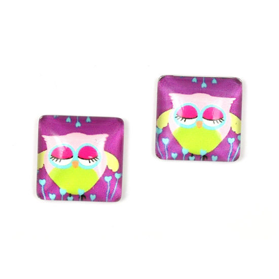 Purple and green owl printed glass square shape clip-on earrings