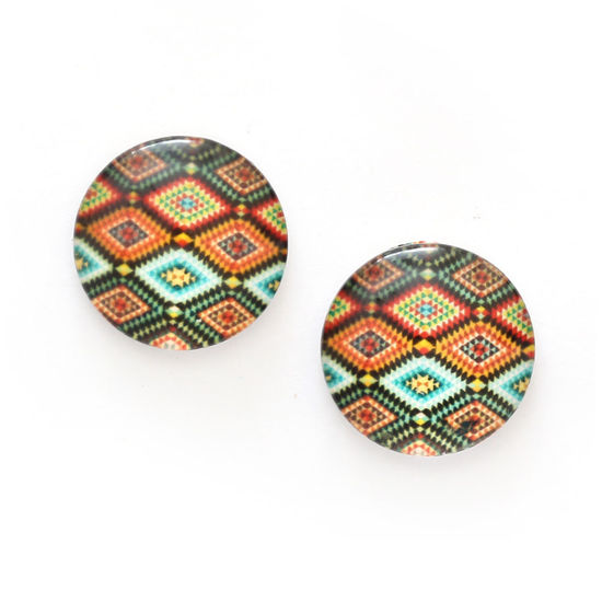 Vibrant geometric diamond shape printed glass round clip-on earrings