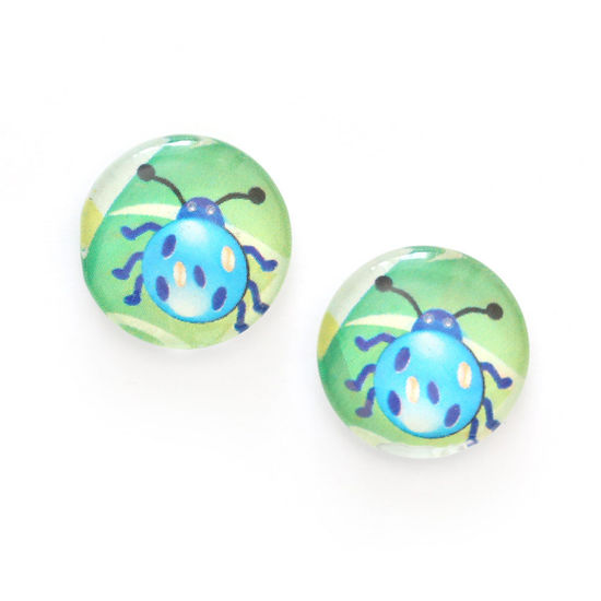 Blue ladybug printed glass round clip-on earrings