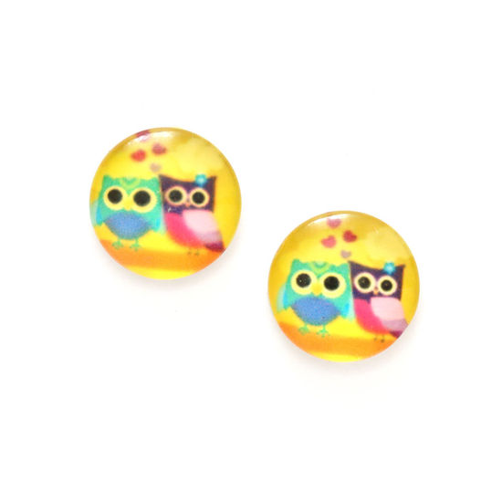 Cute owls printed glass on yellow button clip-on earrings