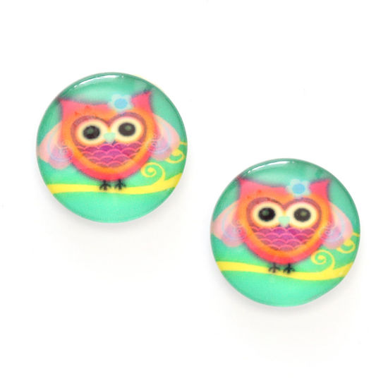 Lovely pink owl printed glass on green round button clip-on earrings
