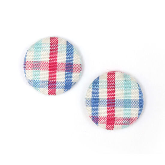 Blue and pink tartan fabric covered round button