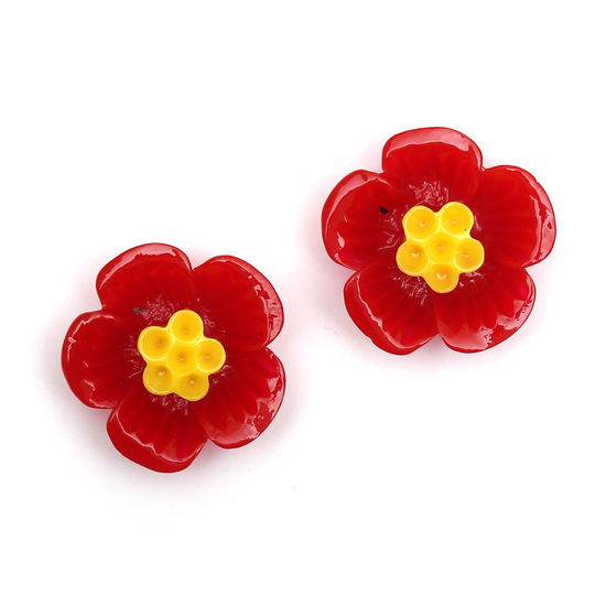 Red plum blossom flower with gold-tone clip earrings