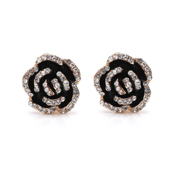 Black Flower with Crystal Gold-tone Clip On Earrings