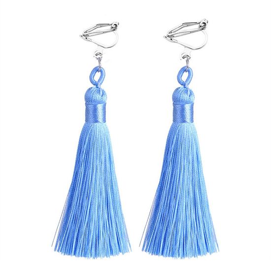 Light Blue Tassel Drop Clip On Earrings