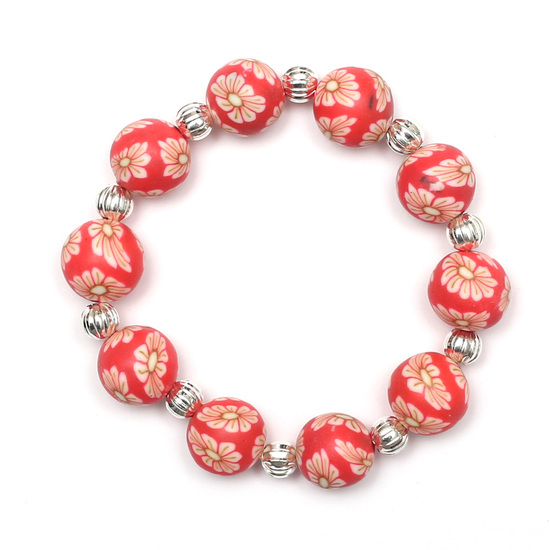 Handmade Orangered  Floral Polymer Clay Bracelet for Kids with Iron Corrugated Beads and Elastic Thread