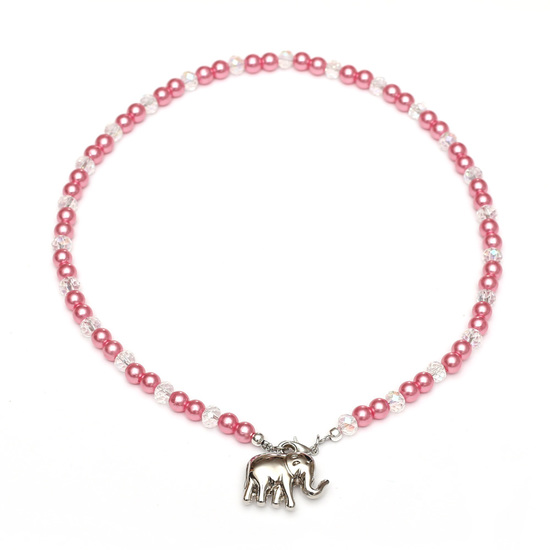 Pink and White Acrylic Imitation Pearl Necklace for Kids, with Glass Beads, CCB Acrylic Elephant Pendant and Alloy Lobster Claw Clasp