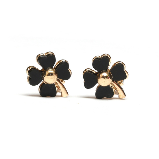Black four leaf clover flower gold-tone clip on earrings for non-pierced FREE Gift Box