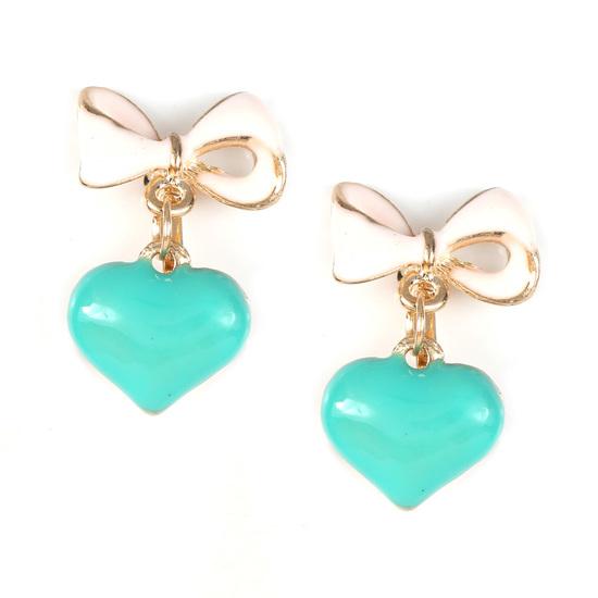 Turquoise heart with bow drop clip on earrings
