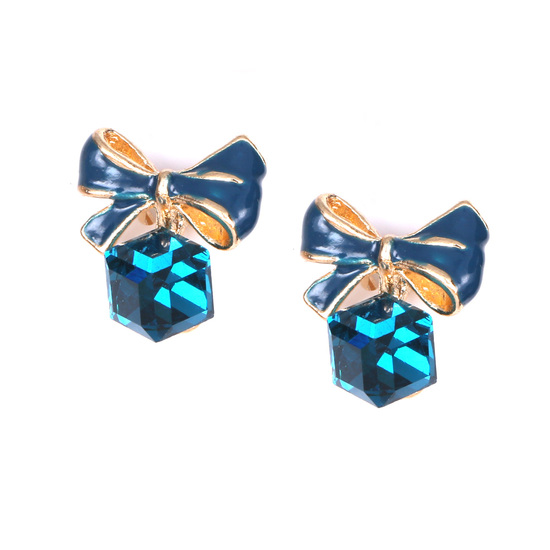 Blue bow with crystal cube clip on earrings