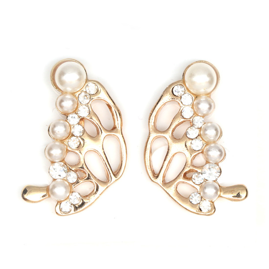 Gold-tone butterfly wing with faux pearl and crystal clip on earrings