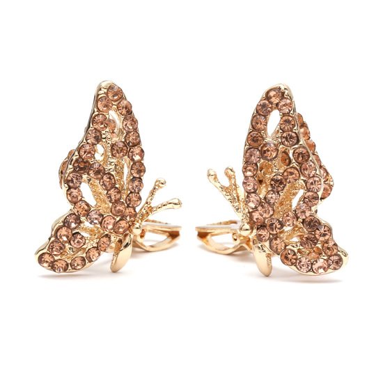 Gold-tone butterfly with champagne crystal studded clip on earrings