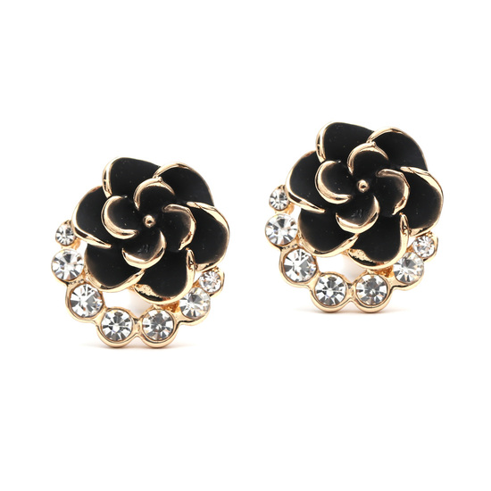 Black flower with crystal studded clip on earrings