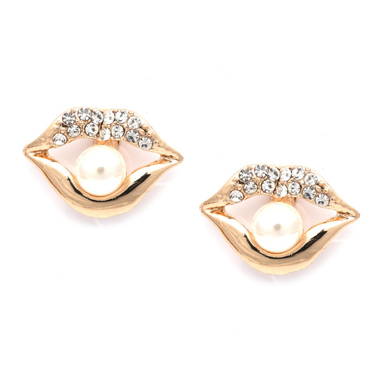 Gold-tone lips with white faux pearl and crystal pave clip on earrings