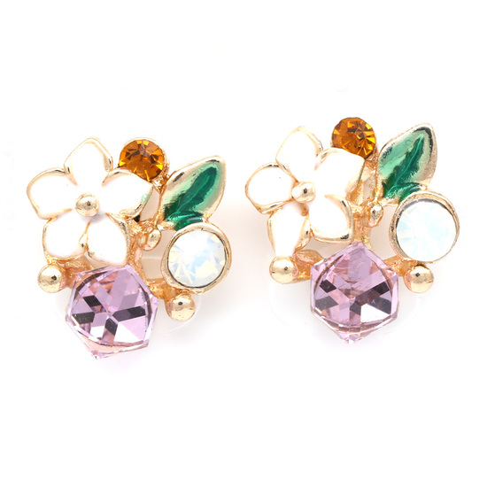 Vibrant flower and crystal gold-tone clip on earrings