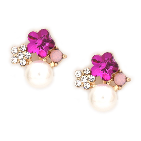Fuchsia crystal flower with white faux pearl clip on earrings