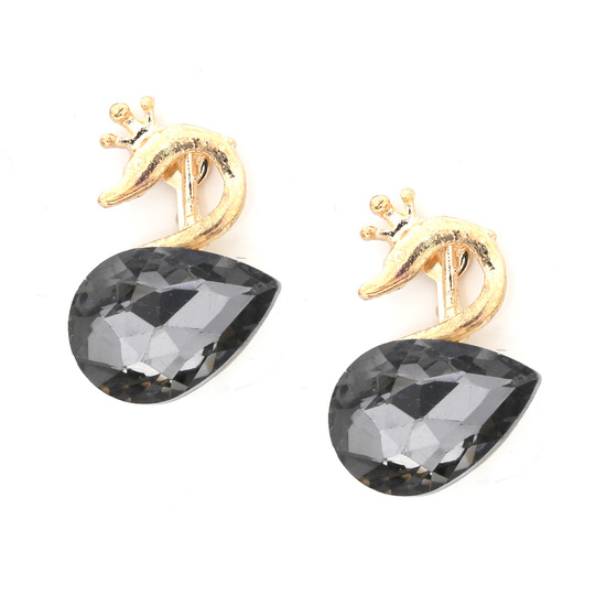 Gray faceted crystal swan gold-tone clip on earrings