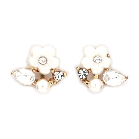 White flower with crystal and faux pearl clip on earrings