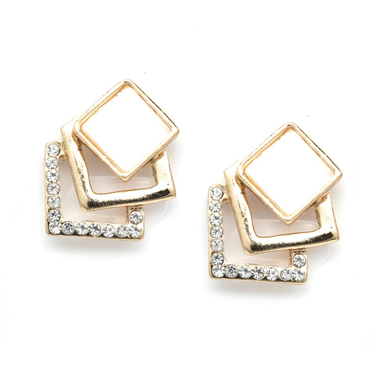 Triple square with simulated cat eye and crystal gold-tone clip on earrings