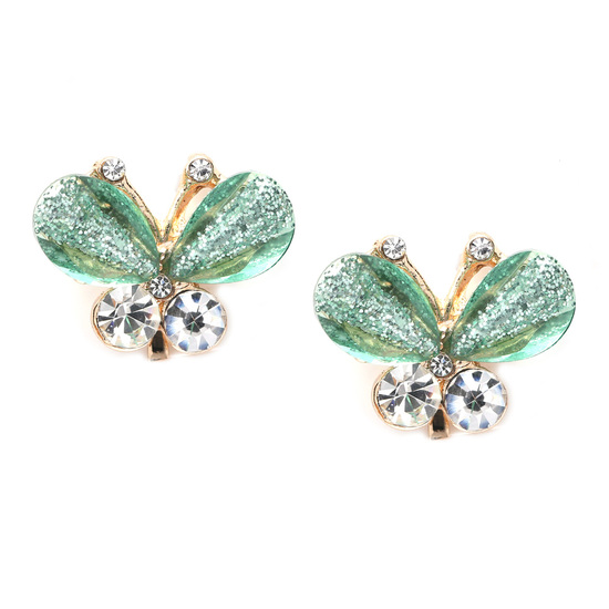 Green crystal butterfly gold-tone clip on earrings
