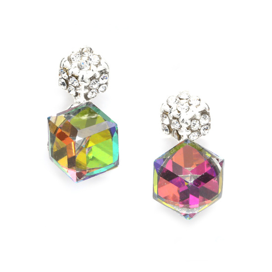 Rainbow cube with crystal pave clip on earrings