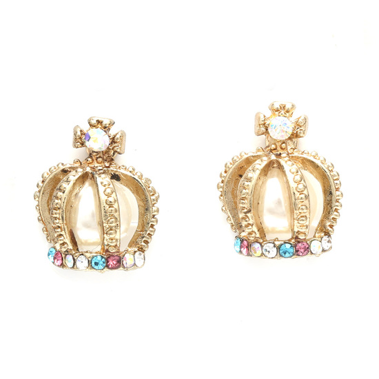 Gold-tone crown adorned with crystal and faux pearl clip on earrings