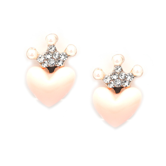 Peach heart with diamante crystal crown clip on earrings