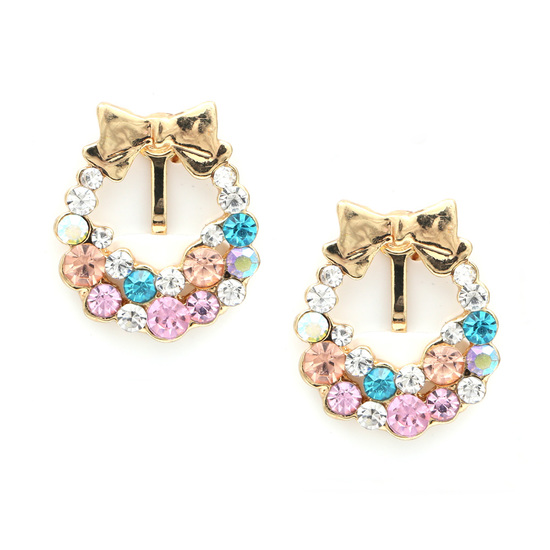 Colourful crystal bunch with gold-tone bow clip on earrings