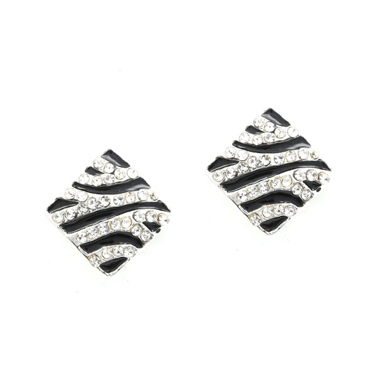 Diamond shape black and crystal pave zebra pattern clip on earrings
