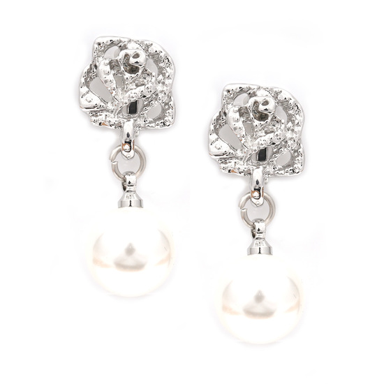 Silver-tone rose with white faux pearl drop clip on earrings