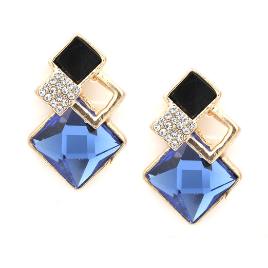 Blue faceted diamond shape with studded crystal gold-tone clip on earrings
