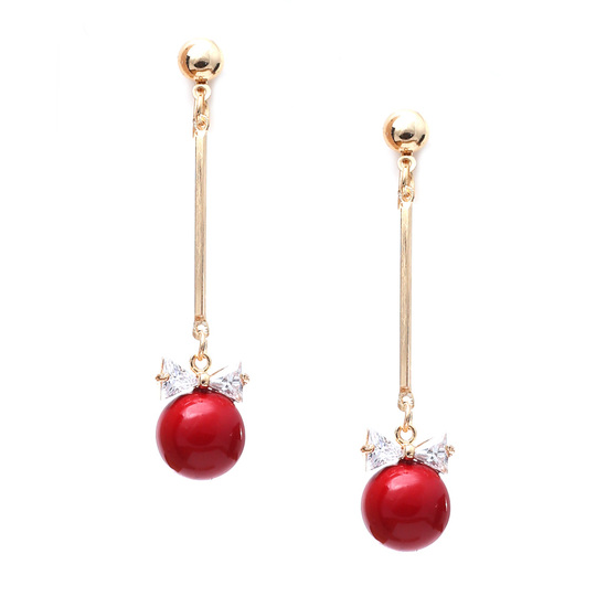 Dangle red bead with crystal bow gold-tone drop clip on earrings
