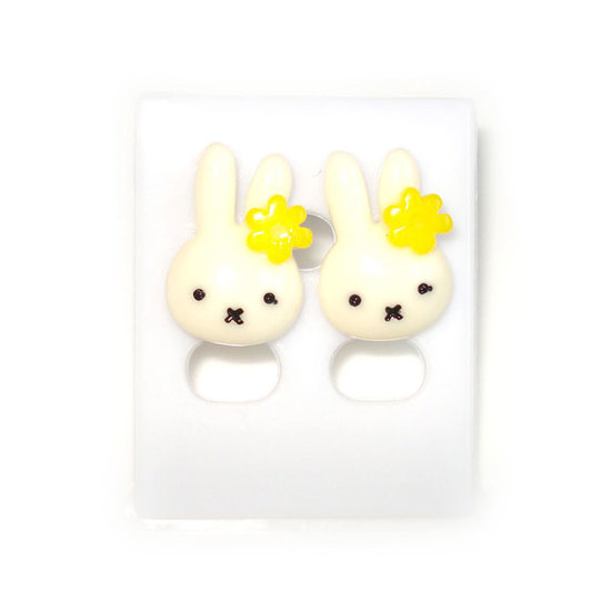 White bunny with yellow flower stud earrings