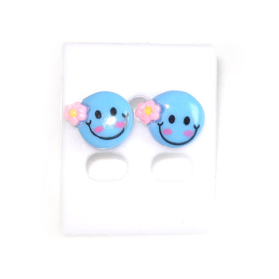 Blue Smiley and flower stud earrings (Size: app